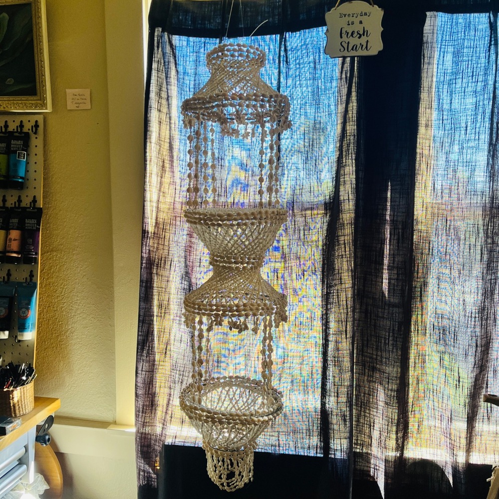 Vintage Huge 45" 2-Tiered Hanging Seashell Cowrie Chandelier Boho Beach Planter